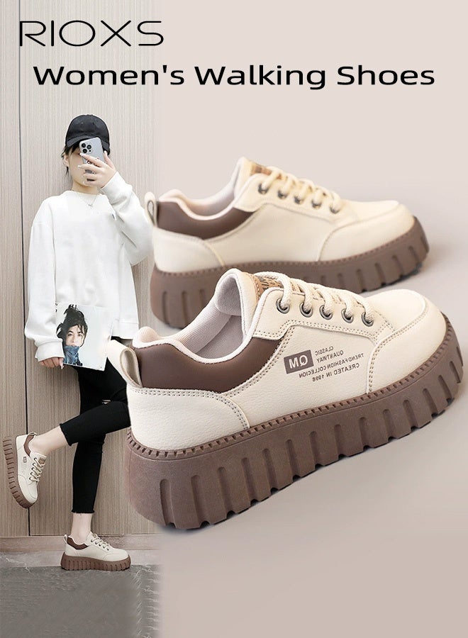 ريوكس حذاء رياضي نسائي بقاعدة سميكة، حذاء رياضي خفيف بقاعدة سميكة 5 سم، حذاء تنس مريح وقابل للتهوية برباط وباطن سميك، حذاء نسائي عصري وأنيق، حذاء غير قابل للانزلاق للمشي، مناسب للمواعيد الغرامية/العمل/الإجازة/الارتداء اليومي - Image 2