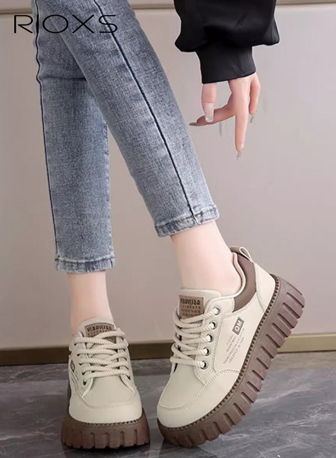 ريوكس حذاء رياضي نسائي بقاعدة سميكة، حذاء رياضي خفيف بقاعدة سميكة 5 سم، حذاء تنس مريح وقابل للتهوية برباط وباطن سميك، حذاء نسائي عصري وأنيق، حذاء غير قابل للانزلاق للمشي، مناسب للمواعيد الغرامية/العمل/الإجازة/الارتداء اليومي - Image 5