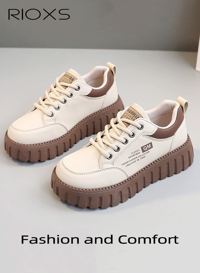 ريوكس حذاء رياضي نسائي بقاعدة سميكة، حذاء رياضي خفيف بقاعدة سميكة 5 سم، حذاء تنس مريح وقابل للتهوية برباط وباطن سميك، حذاء نسائي عصري وأنيق، حذاء غير قابل للانزلاق للمشي، مناسب للمواعيد الغرامية/العمل/الإجازة/الارتداء اليومي - Image 4