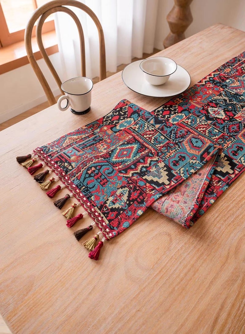 Red Nordic Jacobi geometric flag, tea flag, tassel retro coffee table mat, tea mat, home decoration, festival decoration, 33*180 cm,  - Image 3