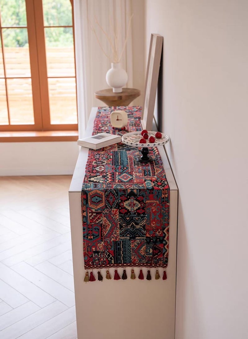 Red Nordic Jacobi geometric flag, tea flag, tassel retro coffee table mat, tea mat, home decoration, festival decoration, 33*180 cm,  - Image 2