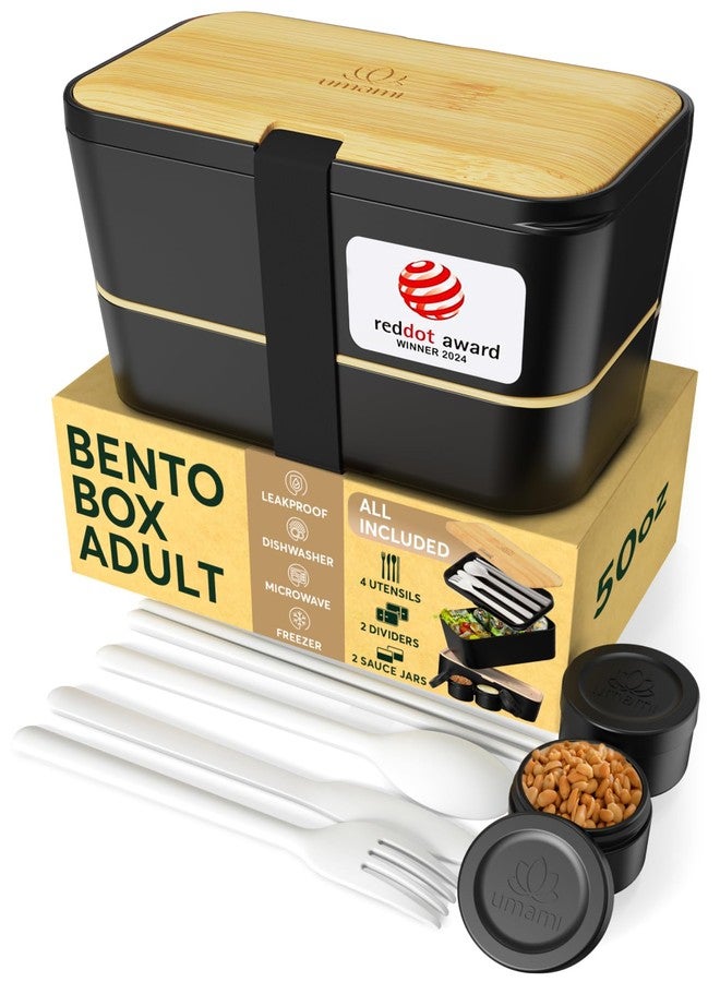 Umami Bento Box All-in-1 w/ 4 Utensils, 100% Leakproof, Dishwasher & Microwave Safe Lunch Containers for Adults w/ 4 Compartments, Black & Tan, 50 oz - Image 1