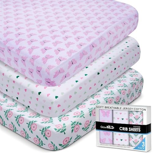 GrowWILD GROW WILD Crib Sheets 3 Pack - Soft & Stretchy Jersey Cotton Fitted Baby Crib Sheets for Girls, Cute Toddler Bed Sheets for Baby Girl (Hearts & Flowers) - Image 1