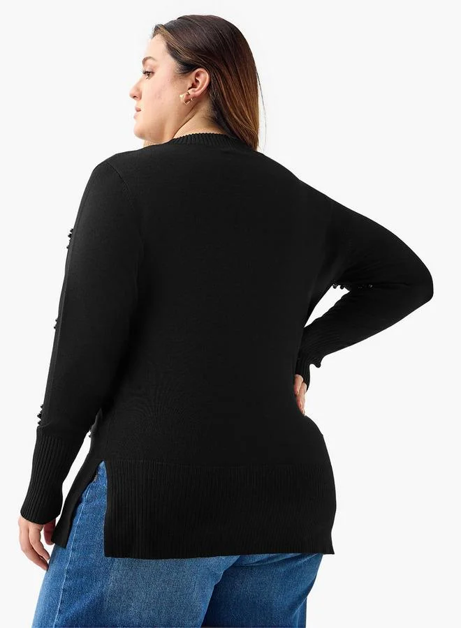 Ulla Popken Ulla Popken Relaxed Fit Pearl Embellished Round Neck Sweater