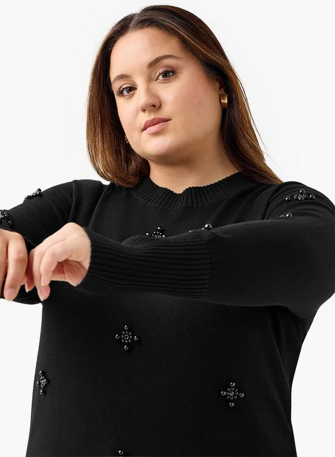 Ulla Popken Ulla Popken Relaxed Fit Pearl Embellished Round Neck Sweater