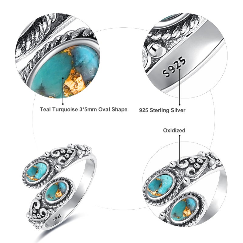 AVECON Adjustable Turquoise Rings for Women 925 Sterling Silver Spoon Ring with 2 Gemstone Vintage Heart Vine Statement Thumb Ring Jewelry Gifts Size 6-8 - Image 3