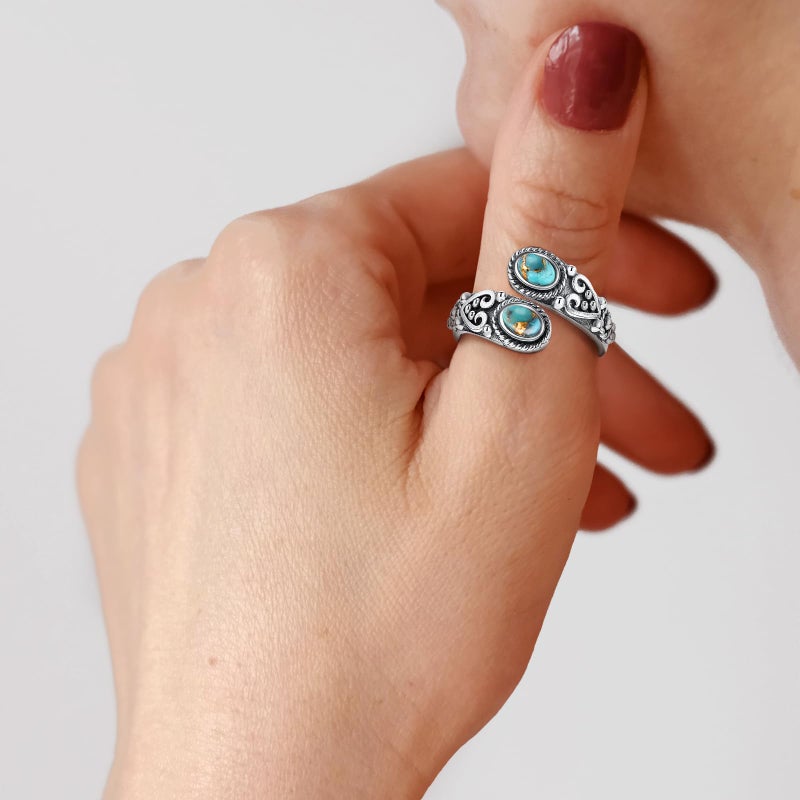 AVECON Adjustable Turquoise Rings for Women 925 Sterling Silver Spoon Ring with 2 Gemstone Vintage Heart Vine Statement Thumb Ring Jewelry Gifts Size 6-8 - Image 5