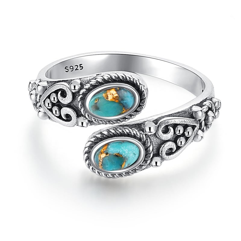 AVECON Adjustable Turquoise Rings for Women 925 Sterling Silver Spoon Ring with 2 Gemstone Vintage Heart Vine Statement Thumb Ring Jewelry Gifts Size 6-8 - Image 1