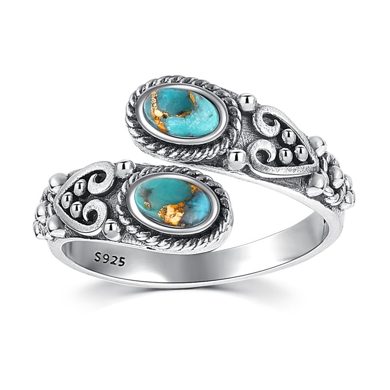 AVECON Adjustable Turquoise Rings for Women 925 Sterling Silver Spoon Ring with 2 Gemstone Vintage Heart Vine Statement Thumb Ring Jewelry Gifts Size 6-8 - Image 2