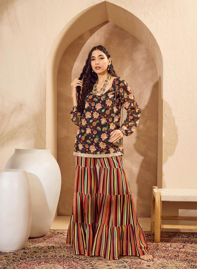 SASSAFRAS Floral Print Kurta and Tiered Sharara Pants Set - Image 3