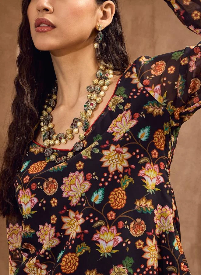 SASSAFRAS Sassafras Floral Print Kurta and Tiered Sharara Pants Set