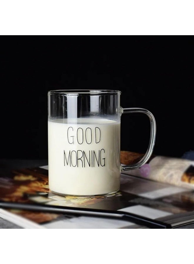طقم 2 قطع مج زجاج شفاف كبير مكتوب عليه كلمة جود مورينينج مناسبة كهدية للكريسماس والقهوة والشاي - مجموعة اكواب زجاجية واحد قطعة شفافة - مج شفاف ايس كويس - مج للقهوة وللشاي مطبوع عليه كلمة صباح الخير  - مناسب كديكور علي المكتب - مثالي للاستمتاع بالبن والعصاير - Image 2