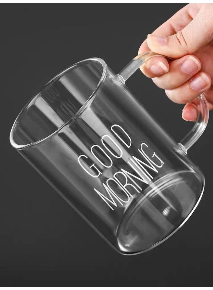طقم 2 قطع مج زجاج شفاف كبير مكتوب عليه كلمة جود مورينينج مناسبة كهدية للكريسماس والقهوة والشاي - مجموعة اكواب زجاجية واحد قطعة شفافة - مج شفاف ايس كويس - مج للقهوة وللشاي مطبوع عليه كلمة صباح الخير  - مناسب كديكور علي المكتب - مثالي للاستمتاع بالبن والعصاير - Image 5