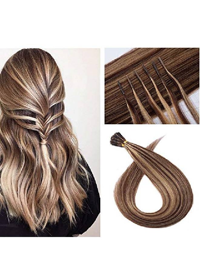 Rich Choices - 100 Strands/Pack I Tip Remy Human Hair Extensions 16 Inches Cold Fusion Hair Piece Pre Bonded Keratin Stick In Hair Extensions Long Straight For Women 4P27 Medium Brown&Dark Blonde 50G - Image 1