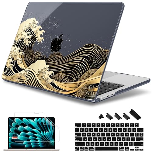 May Chen for MacBook Air 15 inch Case M5 M4 M3 M2 2026 2024-2023, Model A3448 A3241 A3114 A2941, Closes Seamlessly Hard Shell Laptop Cover with Keyboard Cover, Black Sea Wave - Image 1