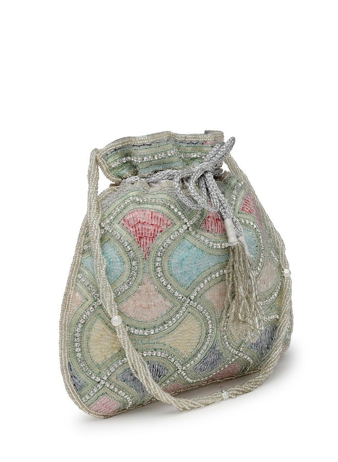 Anekaant Dangle Silver & Pastel Multi Vermicular Embellished Faux Silk Potli - Image 4