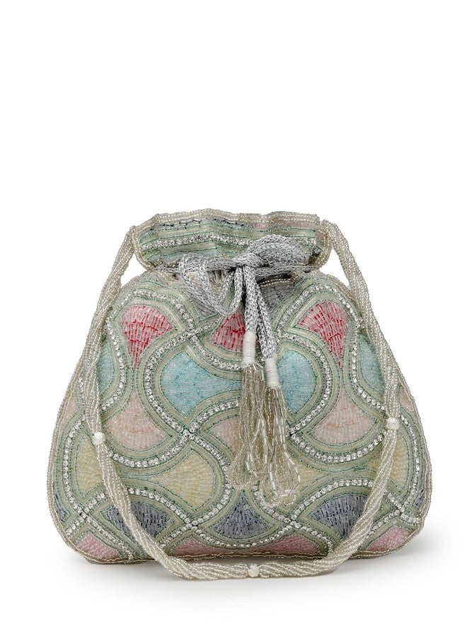 Anekaant Dangle Silver & Pastel Multi Vermicular Embellished Faux Silk Potli - Image 1