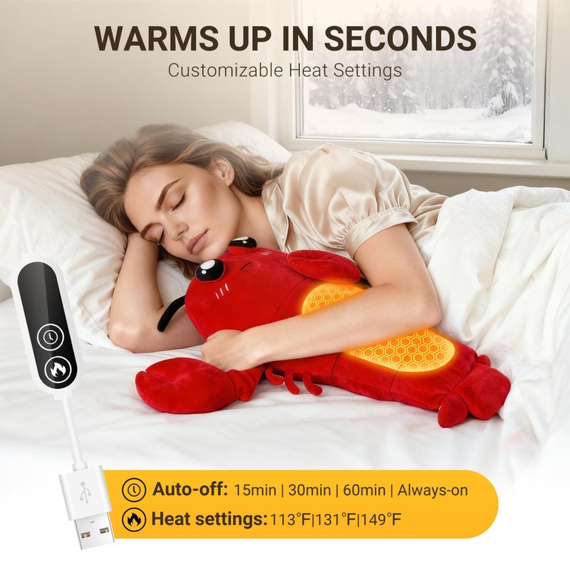 Hothugz Crustacean Lobster Stuffed Animal Heating Pad for Period Cramps, Menstrual Comfort, Electric Heating Pad Plush, USB Powered Heated Plushie Toy for Women, Teen Girls & Kids, Red, Easter Gift - Image 4