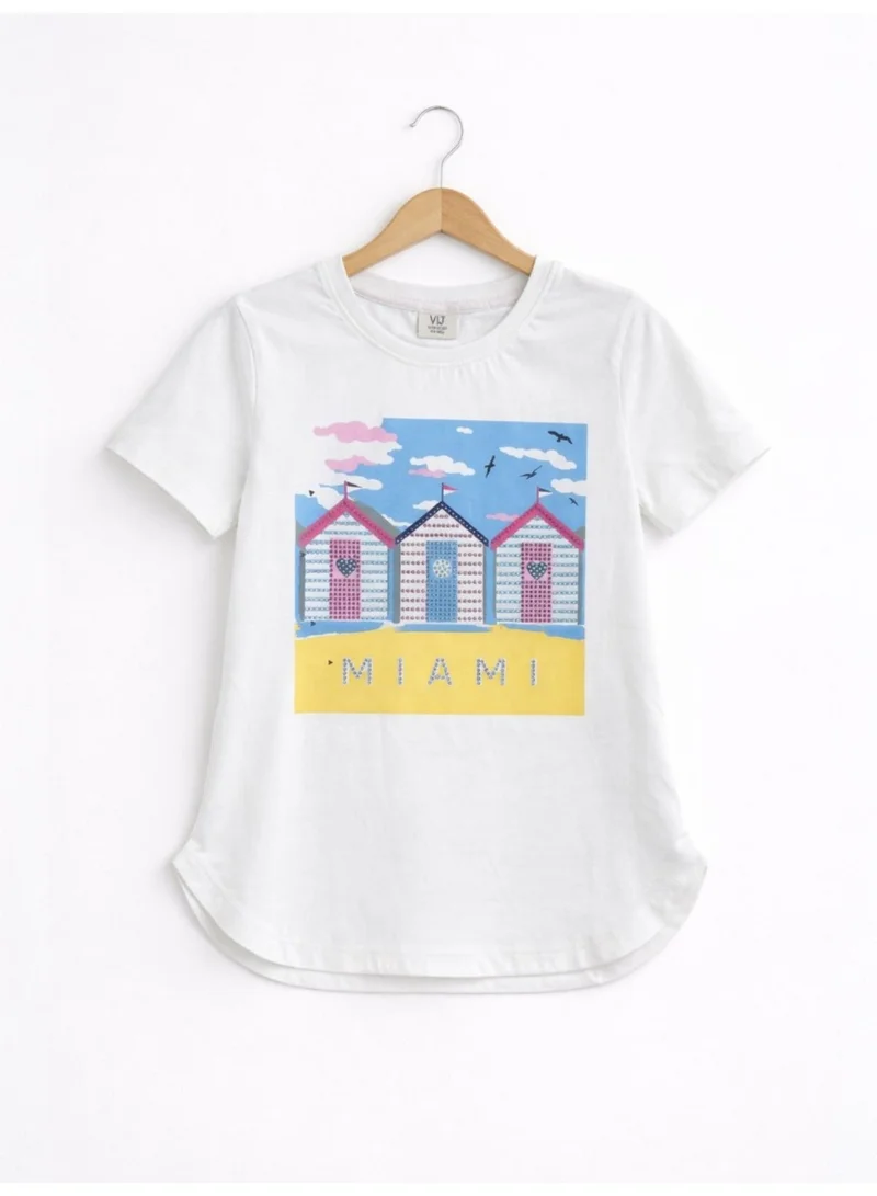 Girls Miami Graphic Embellished T-Shirt (White- Relaxed Fit)