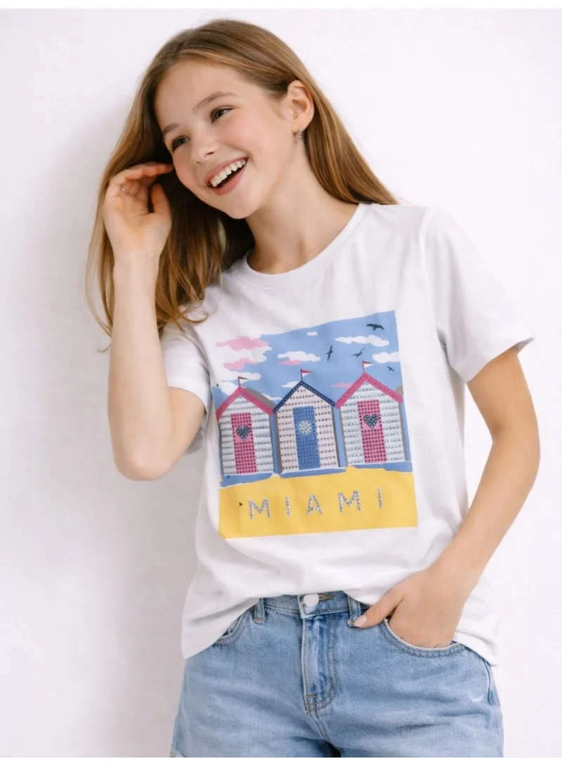 Victor And Jane  Girls Miami Graphic Embellished T-Shirt (White- Relaxed Fit) for Women | Best Price UAE