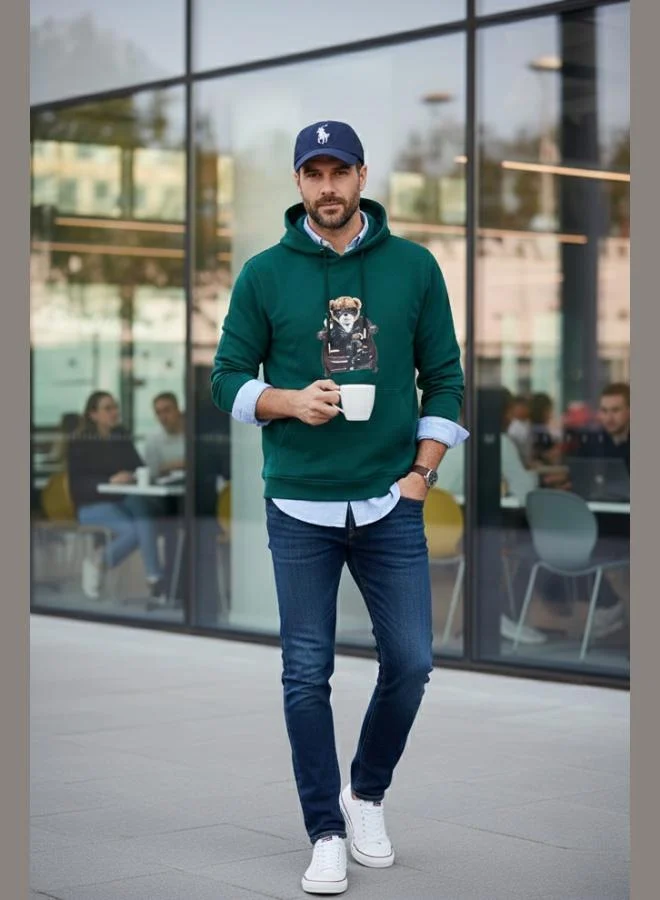 بوراتي سويت شيرت بغطاء رأس مطبوع قطن بقصة عادية وجيب كنغر للرجال من بوراتي