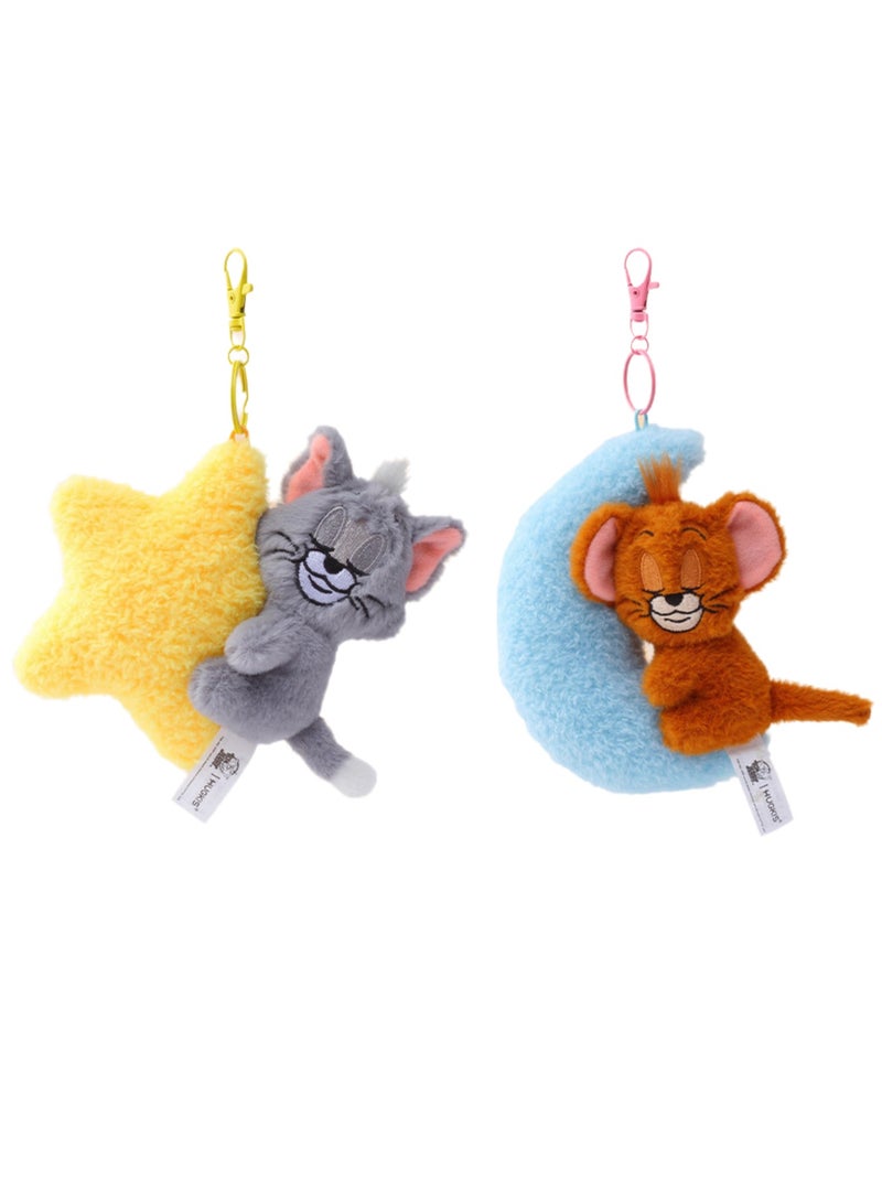 2-Piece Tom-Cat with Jerry-Mouse Stuffed Plush Toy Backpack Shoulder Bag Accessory Stuffed Animal Keychain Birthday Gift for Girls and Boys（12cm-Embrace The Stars/Moon Style） - Image 1