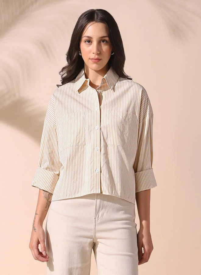 Dennis Lingo Women's Yellow 100% Cotton Striped Button Down Relaxed Shirt