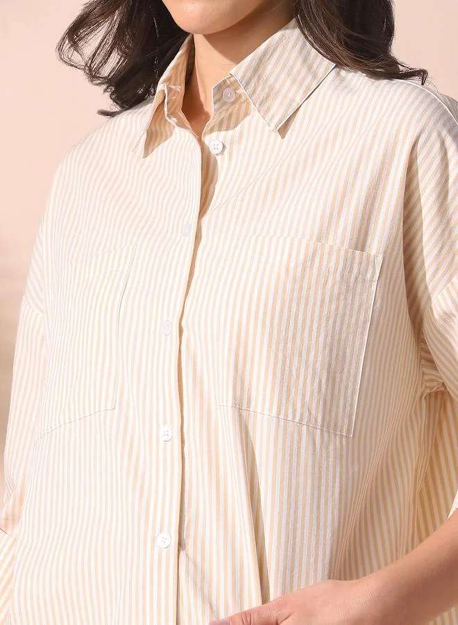 Dennis Lingo Women's Yellow 100% Cotton Striped Button Down Relaxed Shirt
