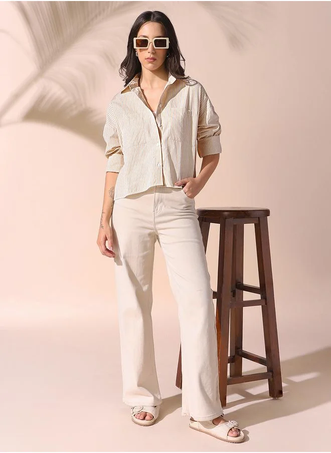 Dennis Lingo Women yellow relaxed fit striped full sleeves button down cotton shirts with button closure featuring a spread collar- tailored to elevate your everyday.