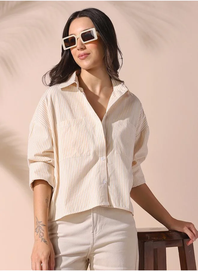 Dennis Lingo Women yellow relaxed fit striped full sleeves button down cotton shirts with button closure featuring a spread collar- tailored to elevate your everyday.