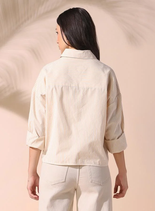 Dennis Lingo Women's Yellow 100% Cotton Striped Button Down Relaxed Shirt