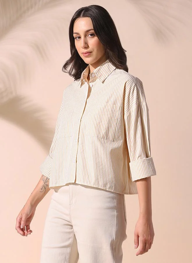 Dennis Lingo Women's Yellow 100% Cotton Striped Button Down Relaxed Shirt