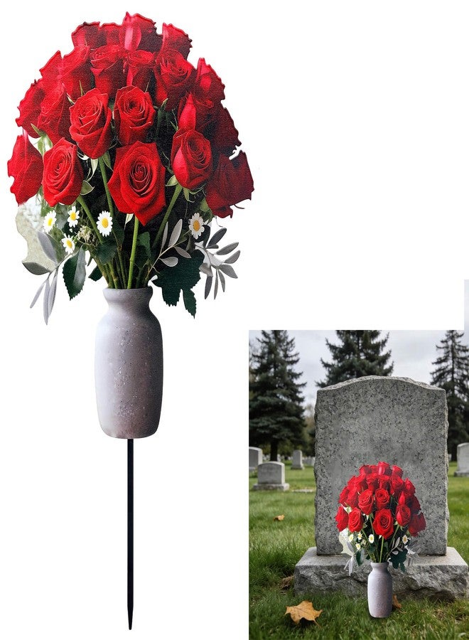 Lodou Stake Graves Cemetery Decorations - Metal Memorial Grave Marker,Sunflower Rose Garden Stakes Tombstone Decor, Artificial Cemetery Metal Flowers for Cemetery Outdoors Yard Garden (Red) - Image 1