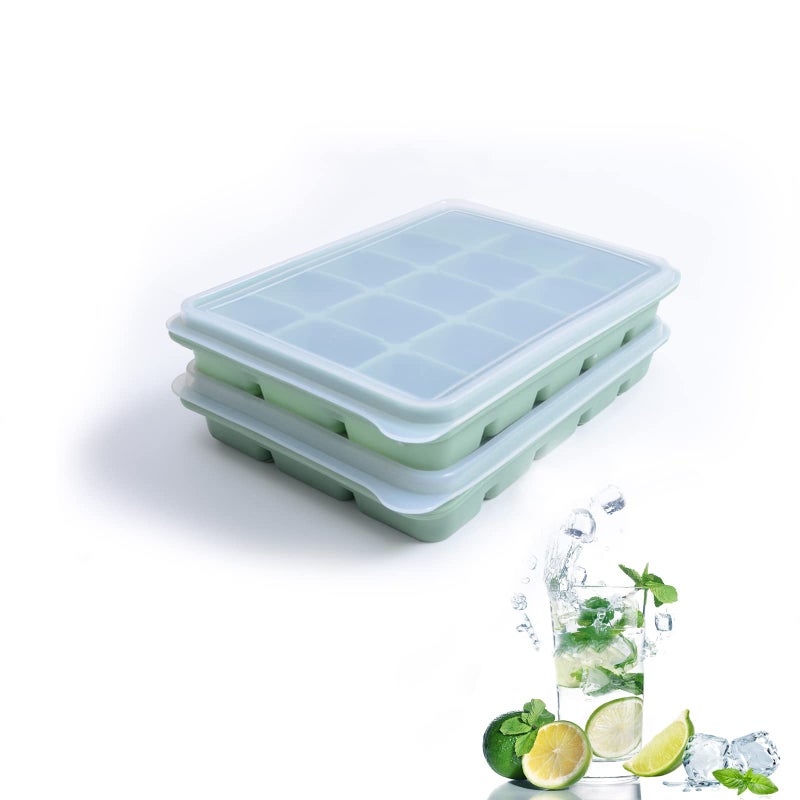 Ice Cube Trays Set of 2 Easy Release 15 Flexible Silicone Ice Cube Molds with Removable Lid Reusable Freezer Ice Trays Stackable for Whiskey Baby Food BPA Free BAMBOO GREEN