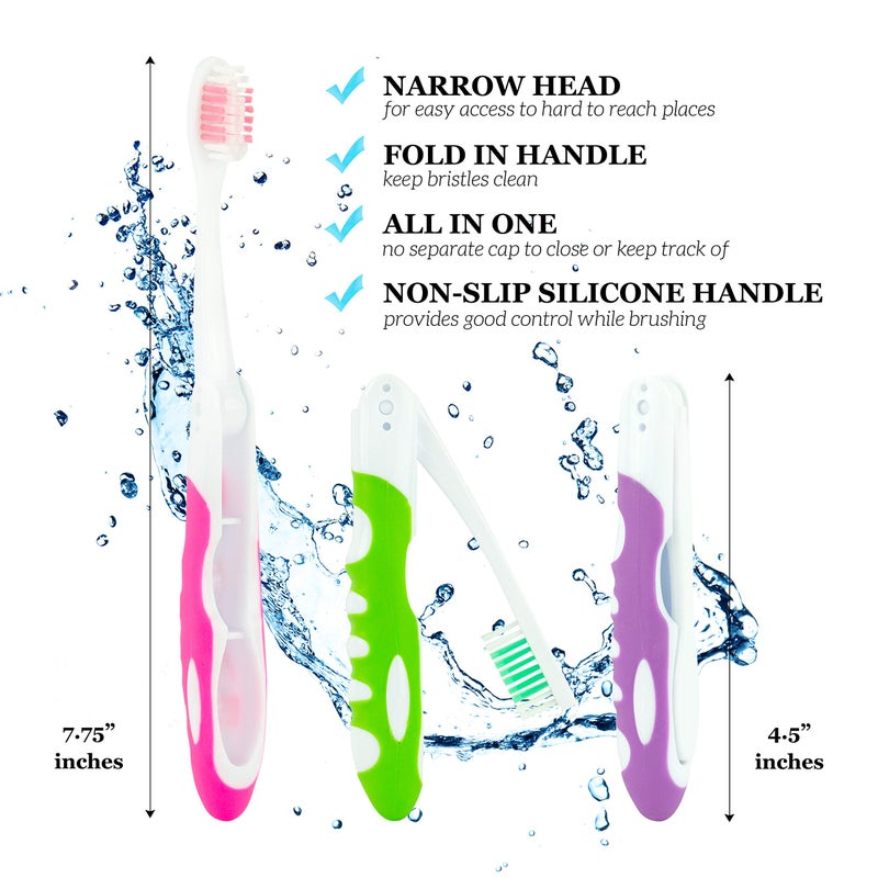 Lingito Folding Toothbrush, Built-in Cover, Travel Size for Hiking, Camping, Traveling - 3 Pack Soft-Multicolor - Image 2