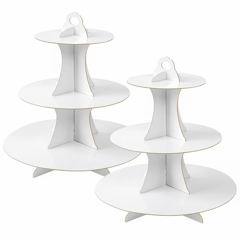 Soleebee 3Tier Round Cupcake Stand Cardboard Cupcake Tower Dessert Cup Cake Stand Tower for Birthday Wedding Party Decoration Cupcake Tier Stand 2 Set White