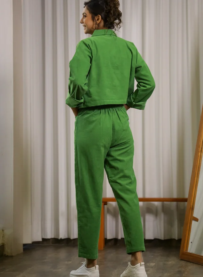 Sanskrutihomes Womens Green Solid Cotton Blend Night Suit Set with Straight Pyjama