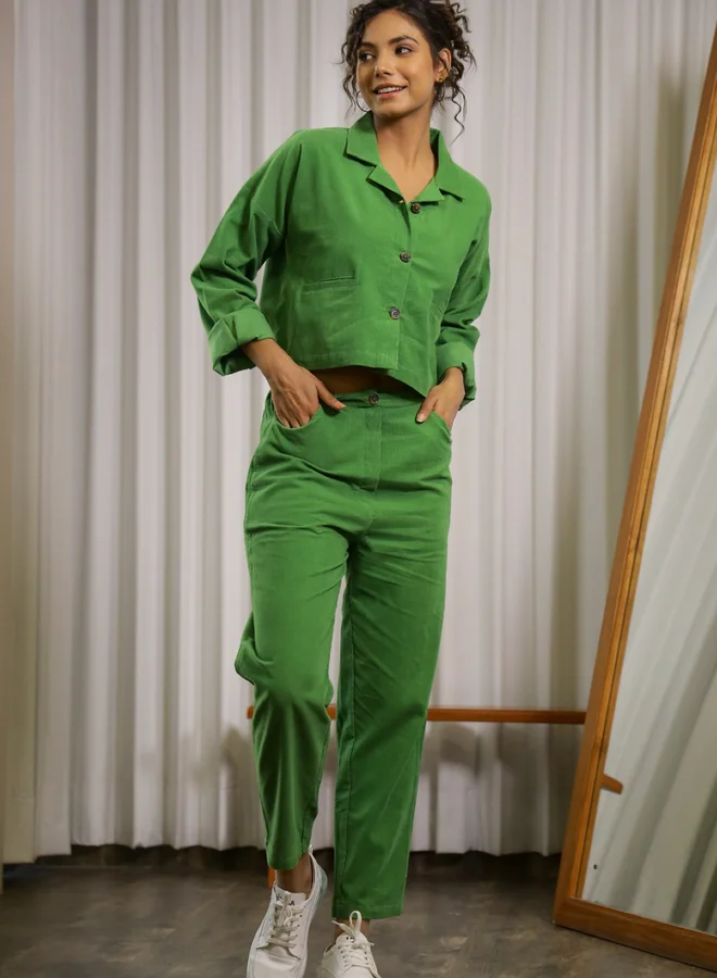 Sanskrutihomes Womens Green Solid Cotton Blend Night Suit Set with Straight Pyjama