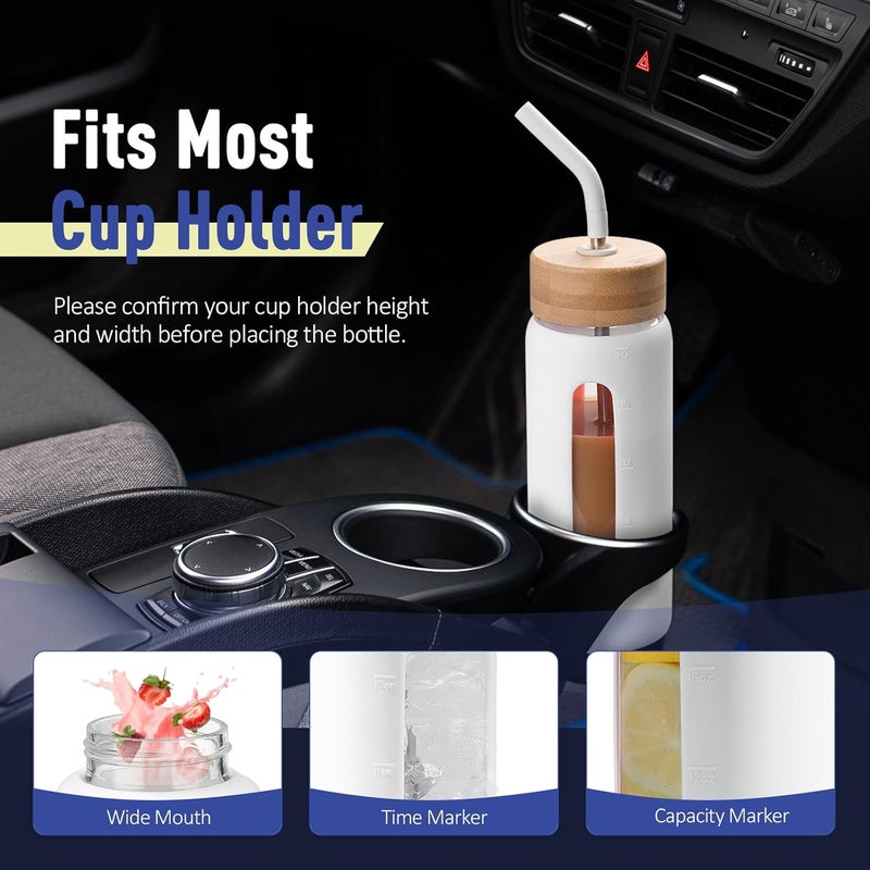 BLUEGO 600 ml Glass Tumbler with Straw and 2 Lids Coffee Cup with Time Marker and Silicone Protector for Beverages Soda Cola BPA Free, White - Image 5