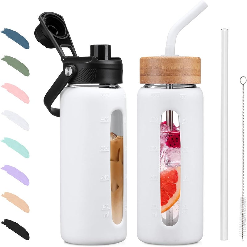 BLUEGO 600 ml Glass Tumbler with Straw and 2 Lids Coffee Cup with Time Marker and Silicone Protector for Beverages Soda Cola BPA Free, White - Image 1