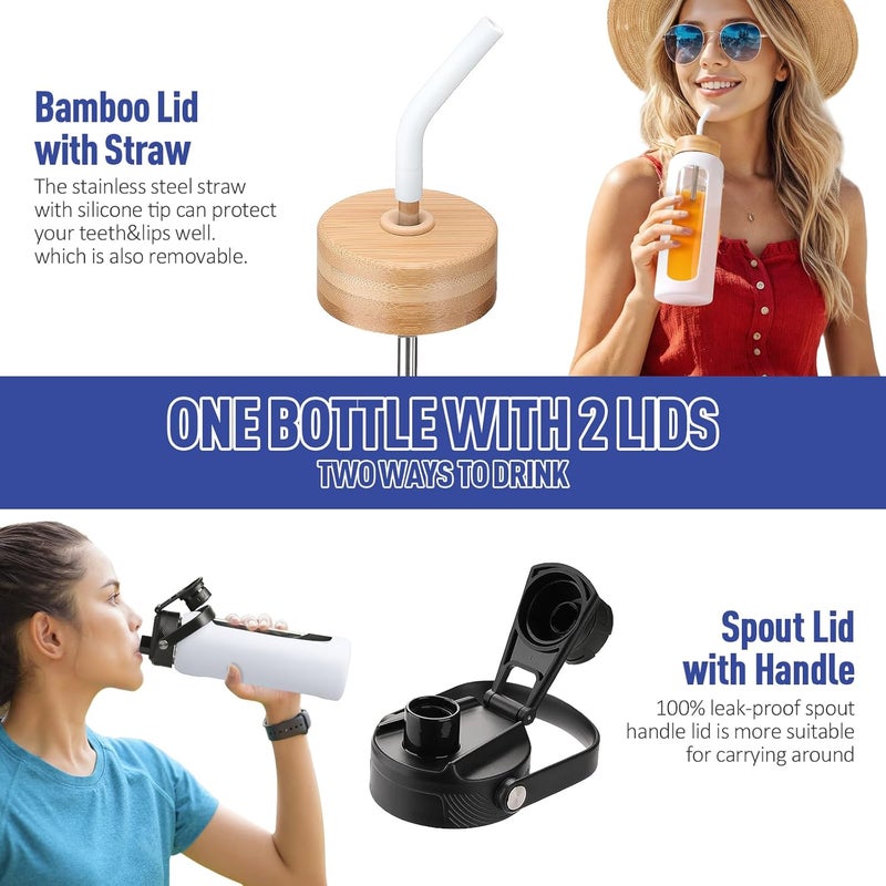 BLUEGO 600 ml Glass Tumbler with Straw and 2 Lids Coffee Cup with Time Marker and Silicone Protector for Beverages Soda Cola BPA Free, White - Image 3