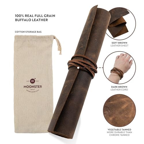 Moonster Genuine Leather Sheets for Crafts, Tooling Leather Sheet 12"x24" – Full Grain Buffalo Leather Fabric, Leather Crafting Kit, Veg Tan Leather for Leather Craft with 36" Cord – Soft Brown - Image 2