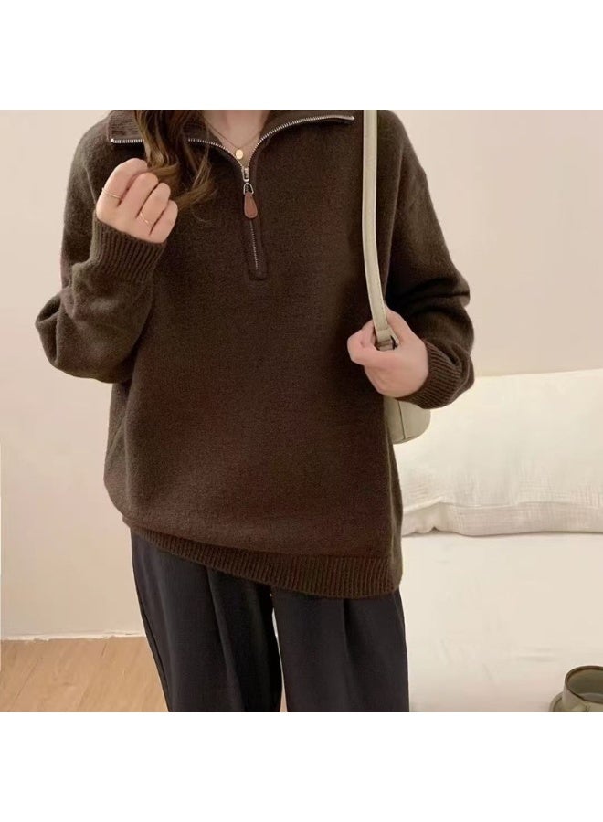 NIBEMINENT Women Turn Down Collar Zip Collar Long Lantern Sleeve Knitted Korean knitted Pullover Sweater Tops