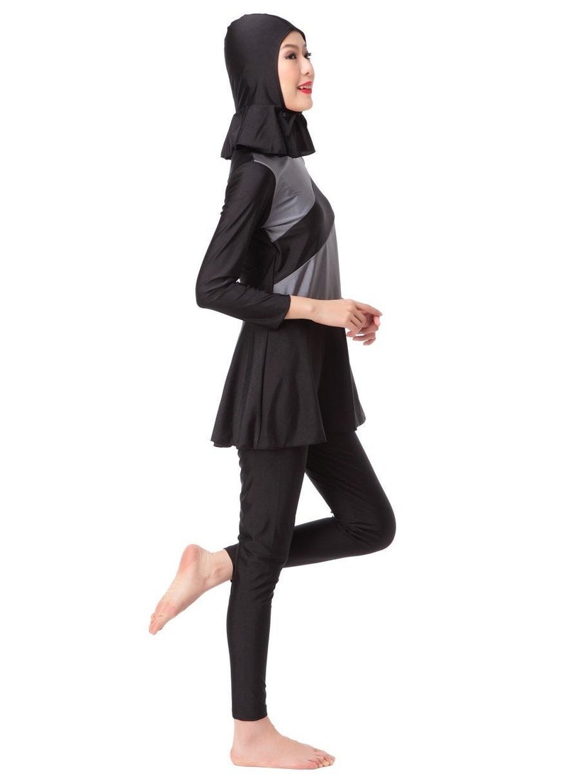بدلة سباحة إسلامية مسلمة محافظة بأكمام طويلة، طقم بوركيني أسود - Image 3