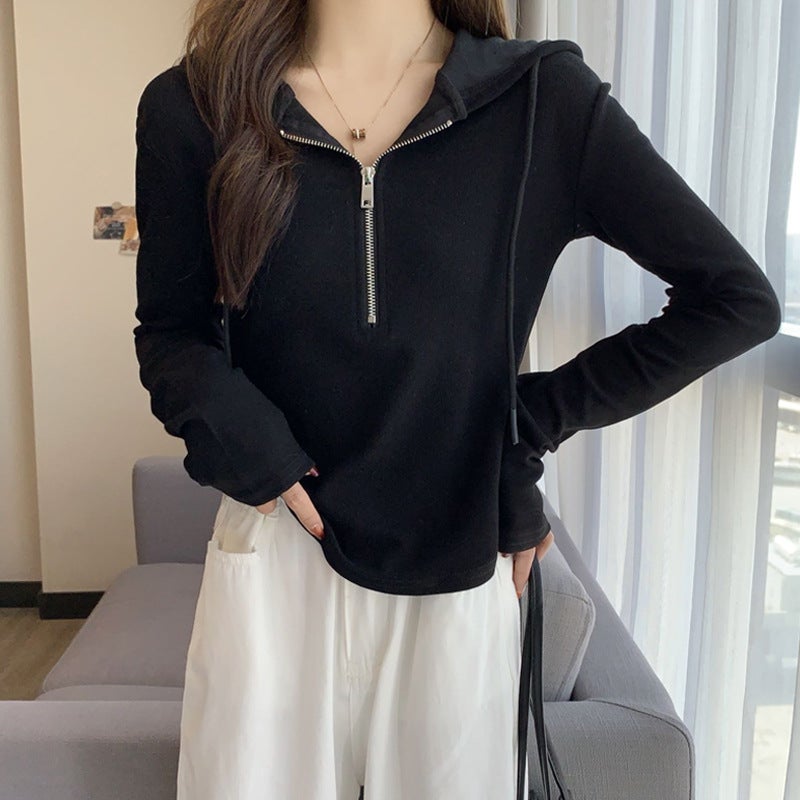 Chic Cotton Hoodie Zip-up Slim Summer Womens Tops Black - Image 1