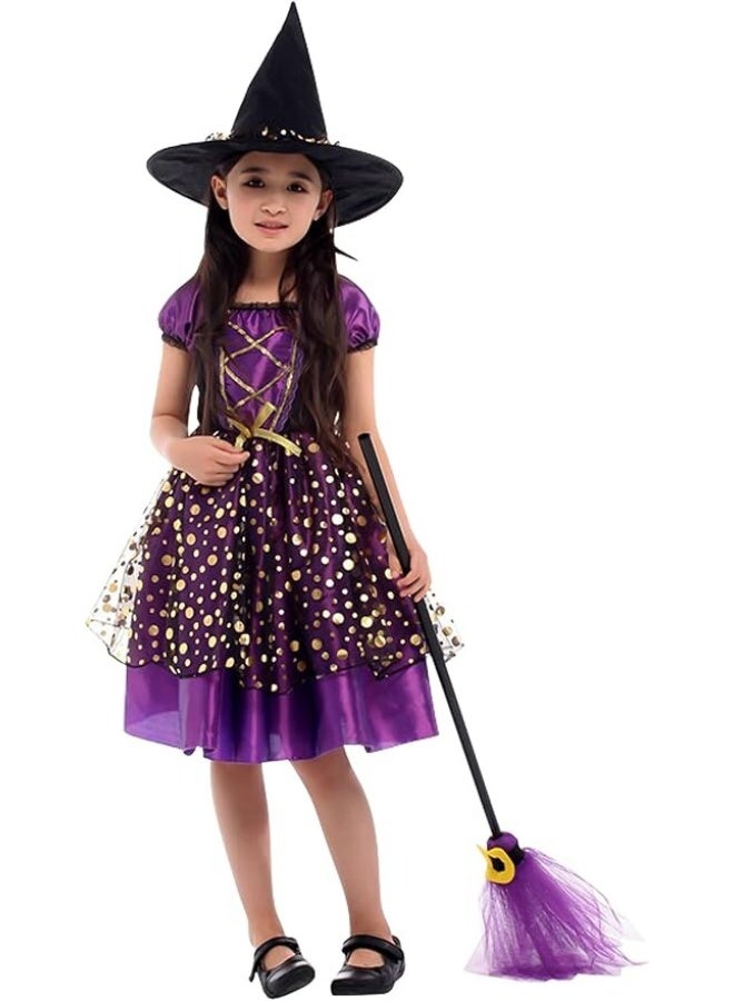 Toyland Girls Purple Witch Costume Set with Hat & Broom – Halloween Fancy Dress for Kids - Image 1