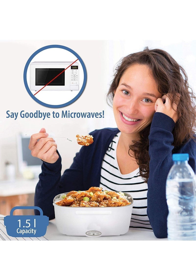 ELTRAZONE صندوق غداء كهربائي لتسخين الطعام – للاستخدام في السيارة، المنزل، والمكتب – فتحة بخار – مؤشر LED – آمن للغسل في غسالة الصحون – سهل الاستخدام وقابل للحمل – أبيض وأزرق. - Image 2