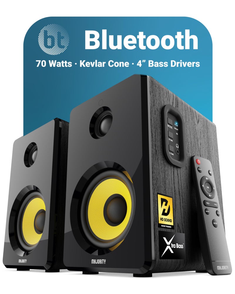 Majority Bluetooth Active Bookshelf Speakers with 70 Watts Power | Hi-Fi Powered Speakers, Kevlar Yellow Speaker Cone and Wooden Cabinet | Optical, RCA, USB & AUX, Remote D40X Stereo Speakers - Image 1
