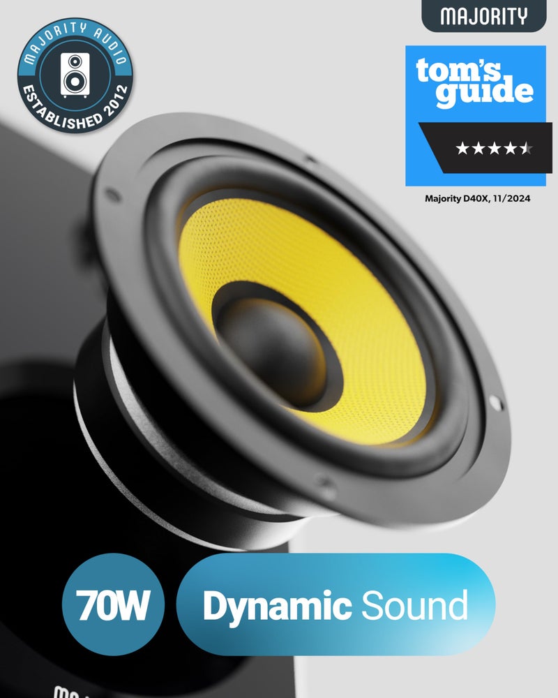 Majority Bluetooth Active Bookshelf Speakers with 70 Watts Power | Hi-Fi Powered Speakers, Kevlar Yellow Speaker Cone and Wooden Cabinet | Optical, RCA, USB & AUX, Remote D40X Stereo Speakers - Image 2