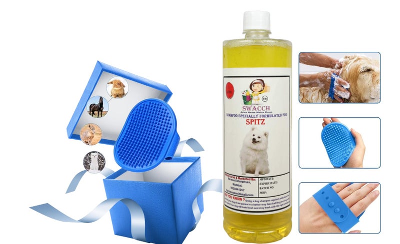 swacch Shampoo | Puppy Safe Shampoo | PH Balanced | Spitz Dog Shampoo 1 Litre Lemon + | Rubber Bath Brush with Adjustable Straps | Pet Massage | Soothing Bristles Hand Brush I Combo Pack - Image 2